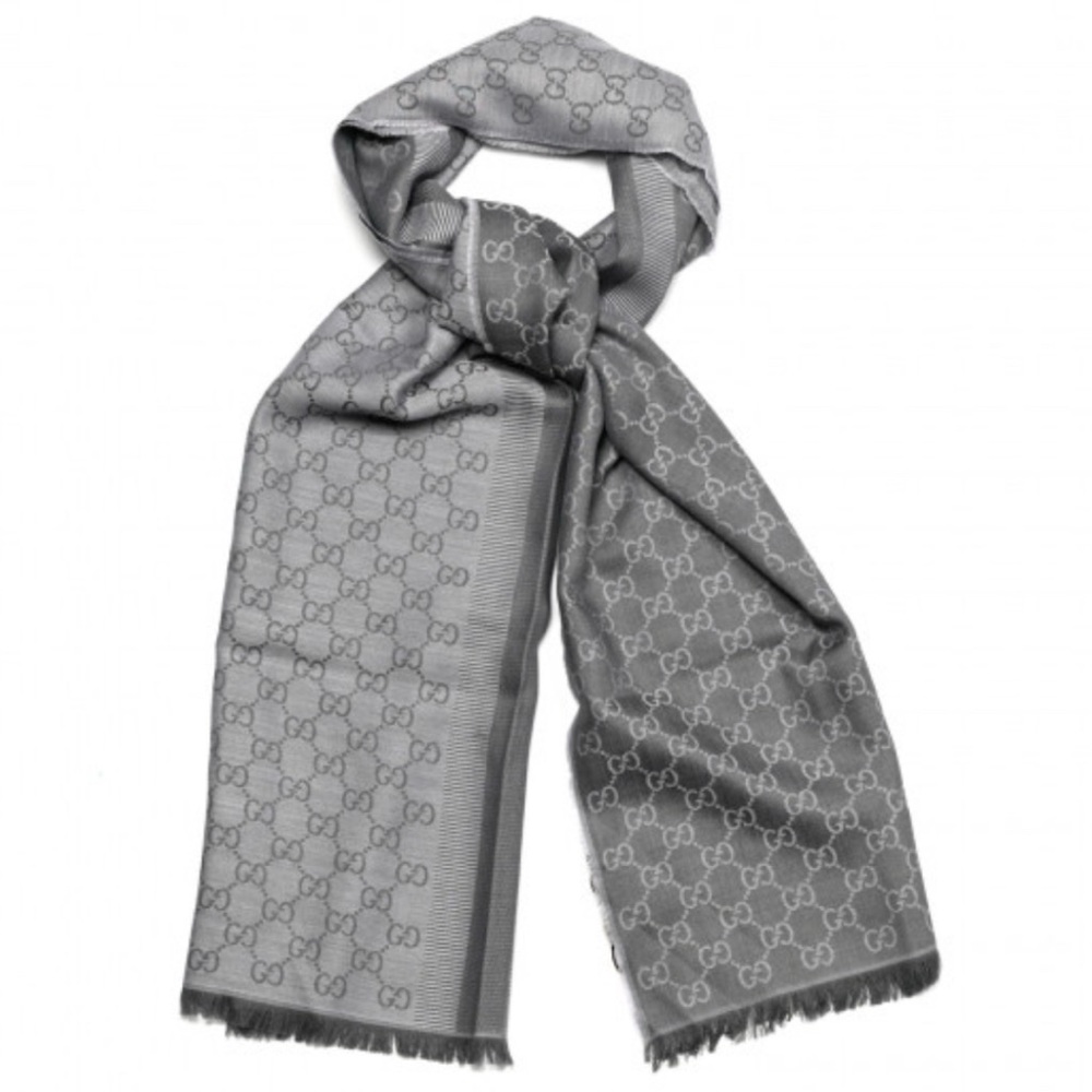 GUCCI Wool Silk Monogram GGWeblong Fringe Scarf Shawl “Pearl Medium Grey”